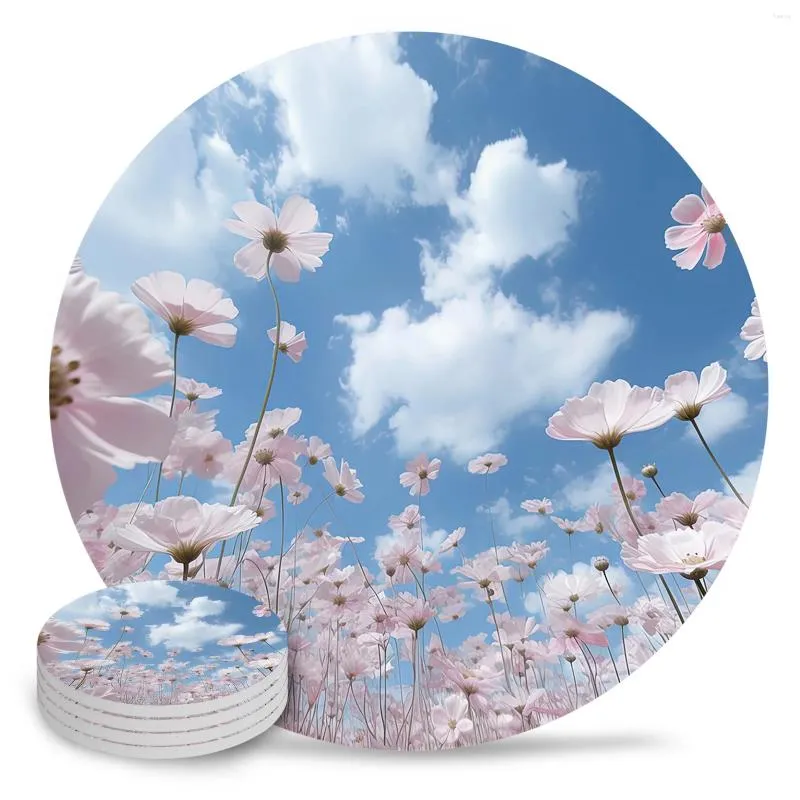 Tapis de Table bleu ciel nuages fleurs sous-verres en céramique absorbant vaisselle tapis maison café salle à manger décoration napperon cadeau
