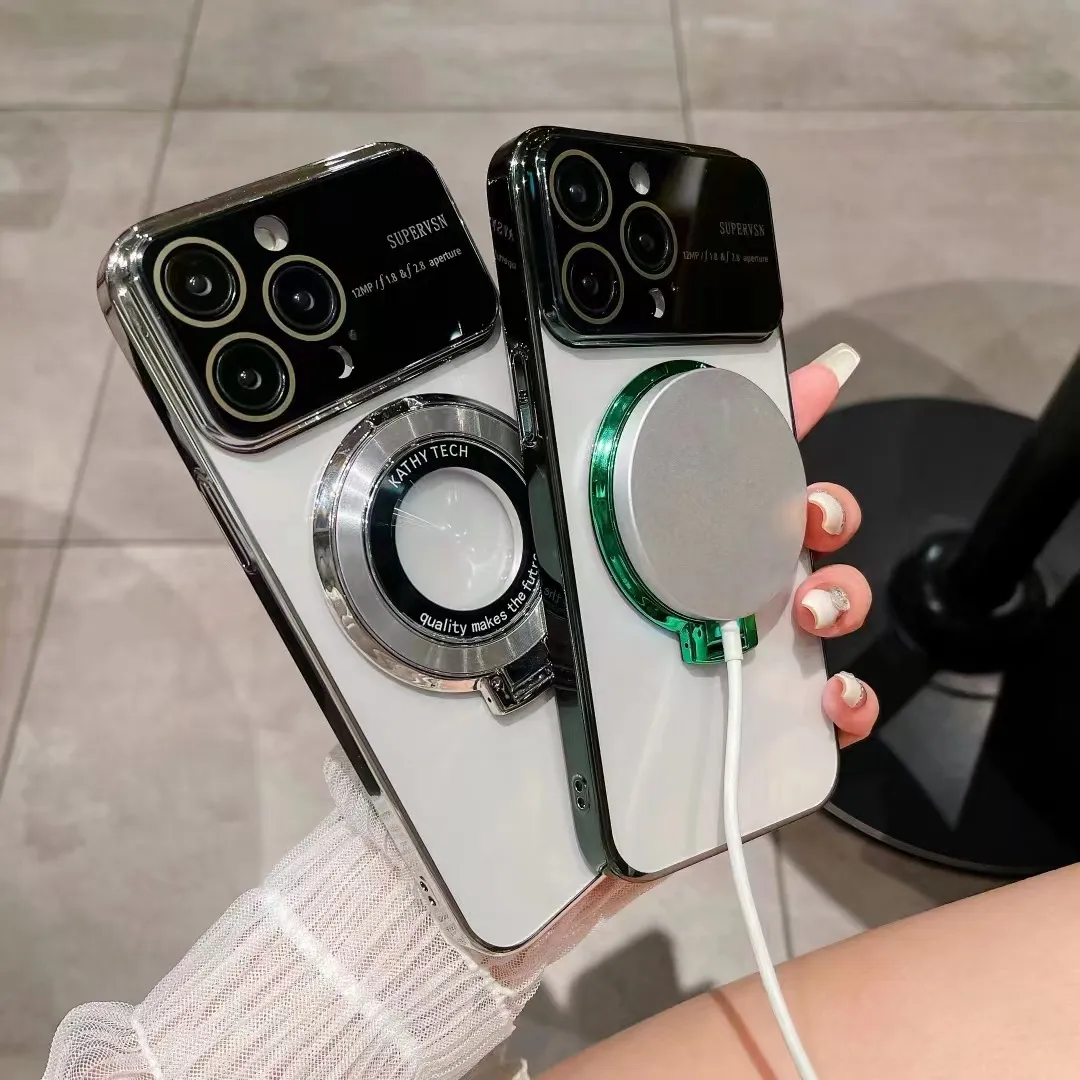 Grande câmera de vidro lente proteção logotipo buraco suporte anel giratório suporte magnético para casos Magsafe capa macia TPU à prova de choque para iPhone 15 14 13 12 11 Pro Max X 8 7 Plus