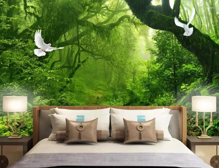 Fondos de pantalla Sala de estar Papel tapiz 3D Pintura Bosque verde Árbol grande TV Fondo de pared Personalizado Cualquier tamaño Mural