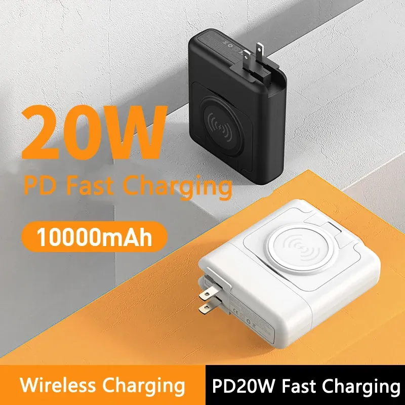 Power Bank de chargeur sans fil 10000mAh, avec câble, prise secteur, pour iPhone 14, Xiaomi, Samsung, 22.5W, charge rapide, batterie de rechange