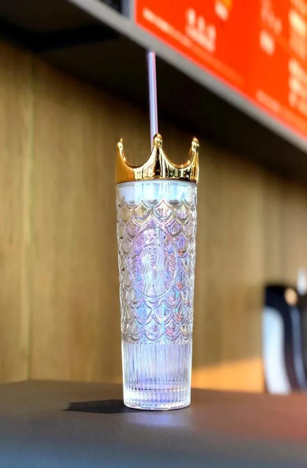 Julen nyaste S Dazzle Color Fish Scale Golden Crown Glass Straw Cup 470 ml Transparent sjöjungfruka Cup för utdörr8231871