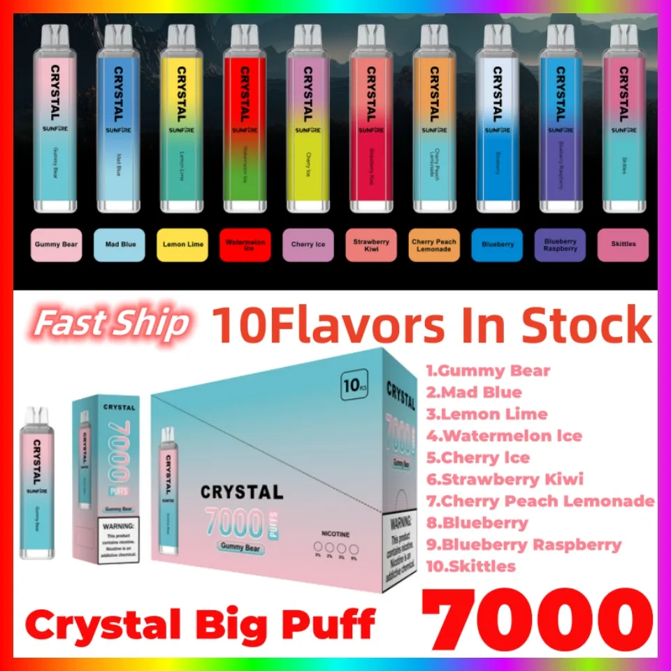 Original Sunfire Crystal Big Puff 7000 Puff Disposable E Cigaretter Mesh Coil 16 ML POD Battery Electronic Cigs Puff 10K 0% 2% 3% 5% RBG Light Vape Pen Crystal Vapes UK Market Market Market