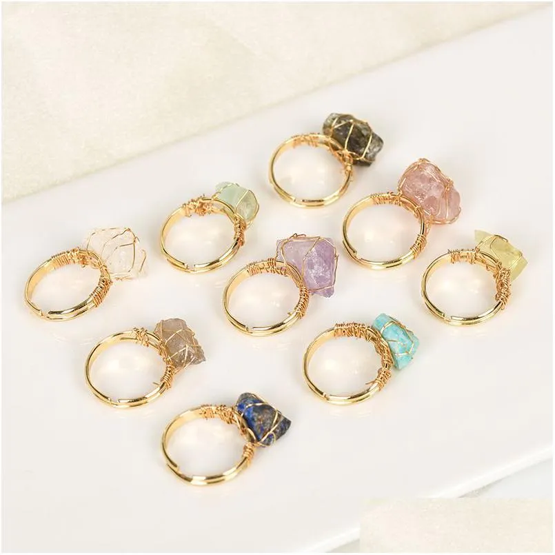 Bagues de cluster Gold Wire Wrap Pierre naturelle Irregar Lapis Lazi Améthyste Rose Quartz Fluorite Bague réglable pour femmes Bijoux Dhgarden Dh1Fc