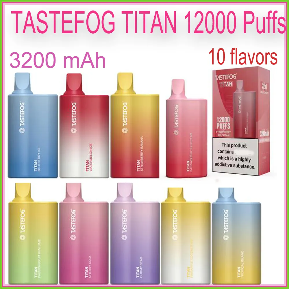 Оригинальный TASTEFOG TITAN 12000 Puffs Одноразовое устройство Vape Pod 3200 мАч Аккумулятор 2% 22 мл Предварительно заполненный картридж Большой набор паров l Сетчатая катушка 10 цветов