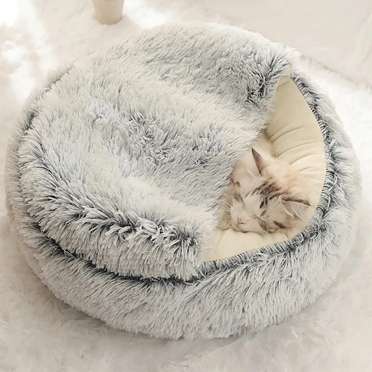 kennels pens Cat Bed Round Plush Fluffy Hooded Cat Bed Cave Cozy for Indoor Cats or Small Dog beds Doughnut Calm Anti-nxiety Dog Bed 231030