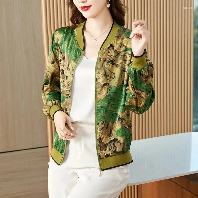 Kvinnorjackor Spring Autumn Long Sleeve Thin Silk Satin Jacket For Women Vintage Printed Coat Korean Style Zip Up Cardigan Tops