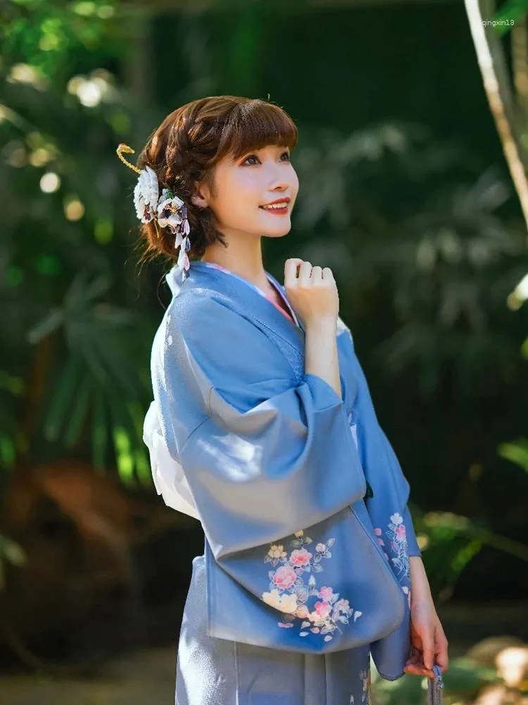 Etnisk kläder japansk stil kvinnors traditionella kimono retro blå färg blommor tryck yukata set cosplay slitage scen presterande klänning