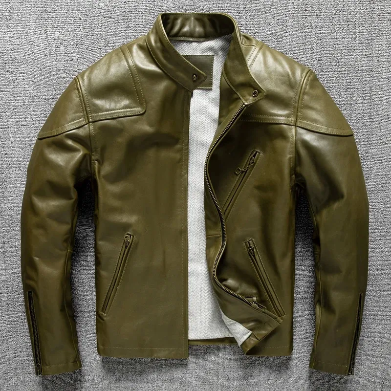 Men's Leather Faux Leather Green Leather Jacket for Men Horsehide Slim Fit Short Motorcycle Genuine Leather Coat J100 Style Male Clothing 5XL 231027