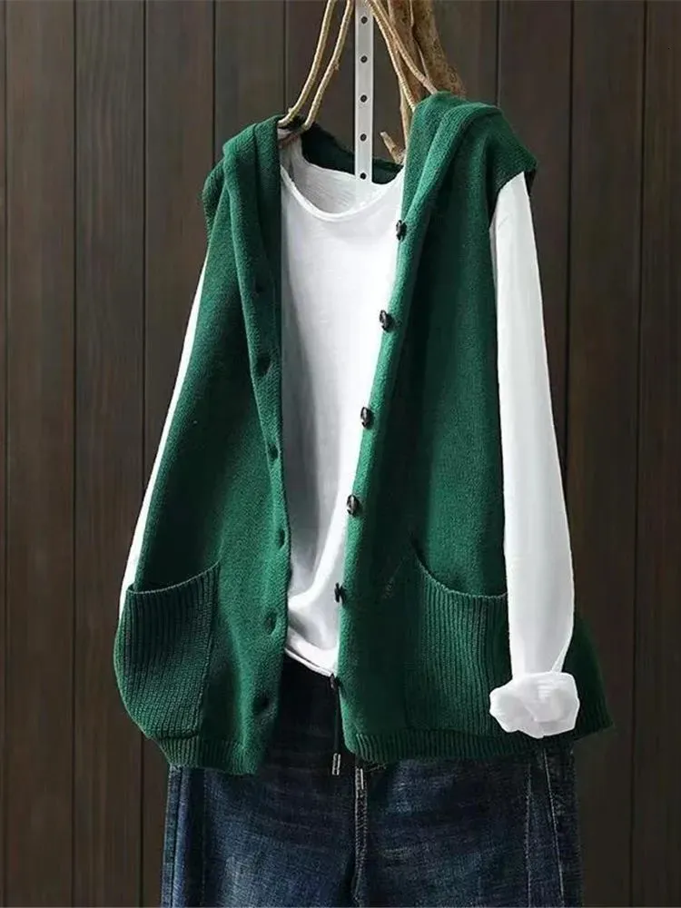 Kvinnors jackor 5 färger huva tröja västar kvinnor förlorar S-3XL Simple Streetwear ärmlösa kläder All-Match Autumn Knitwear Cardigan ZY7673 231030