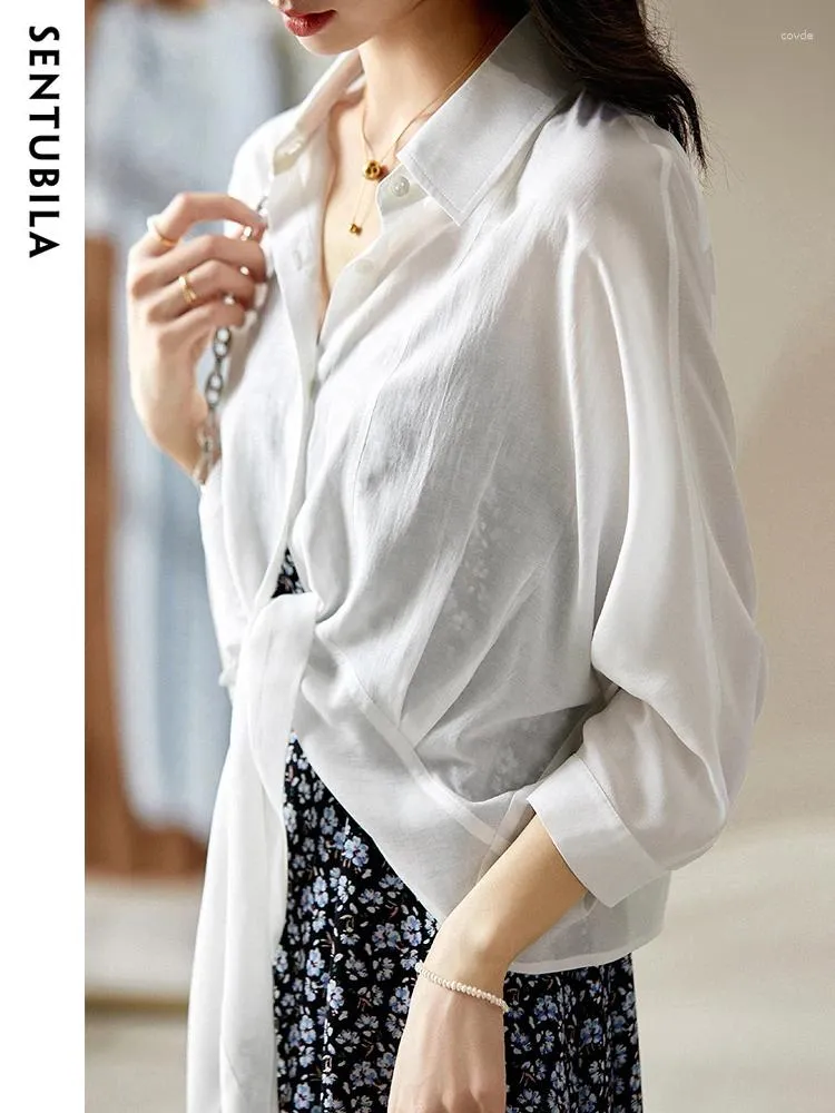 Women's Blouses Sentubila Elegant Lace-Up Shirts For Women 2023 Summer Fashion Bow Long Sleeves Straight Solid Empire Blouse 132C47406X