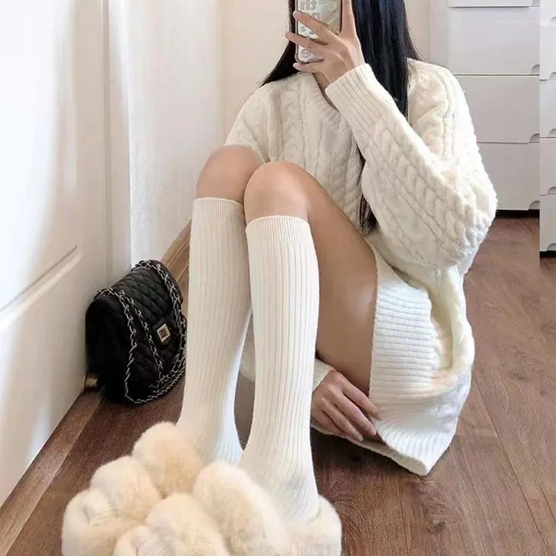 Women Socks We.Fine Autumn And Winter Women's Knitted Harajuku Vertical Bar Warm Fashion Knee Length Solid Color Lolita