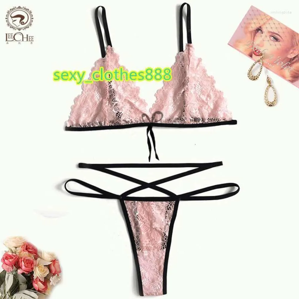 Bras sätter Leechee Sexig underkläder Set Women Fashion Pink Two-Piece Suspender Backless Seah-Through spets Underkläder trosor Erotiska sexdräkt