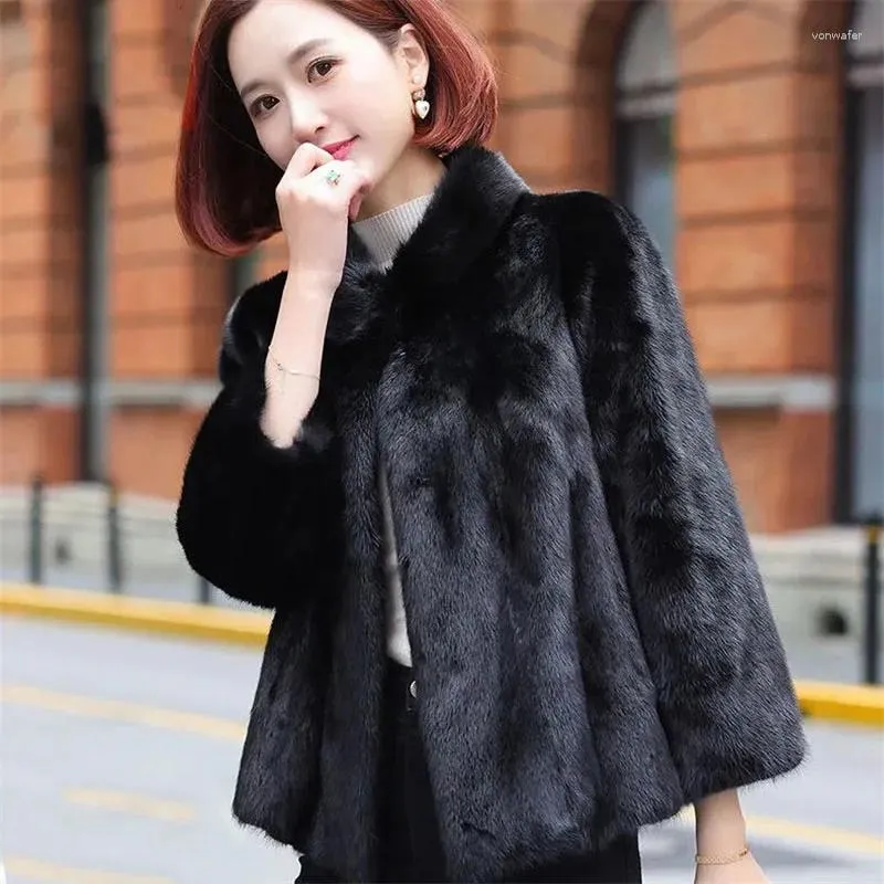 Women's Fur Imitation Mink Coat Slim Stand Collar Short Black Jacket Autumn Winter Loose Ladies Soft Faux Plush Overcoat