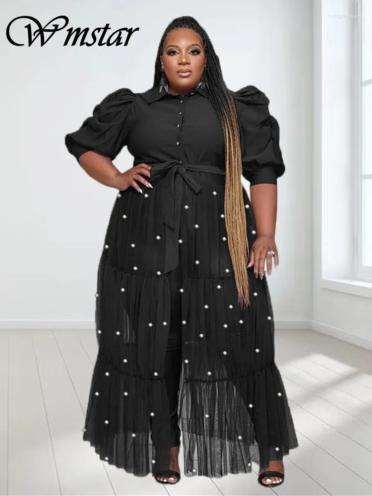 Feestjurken Wmstar Plus Size Damesjurk Parel Bladerdeeg Korte mouw Mesh Doorzien Maxi Sexy Chiffon Bulk Groothandel Drop