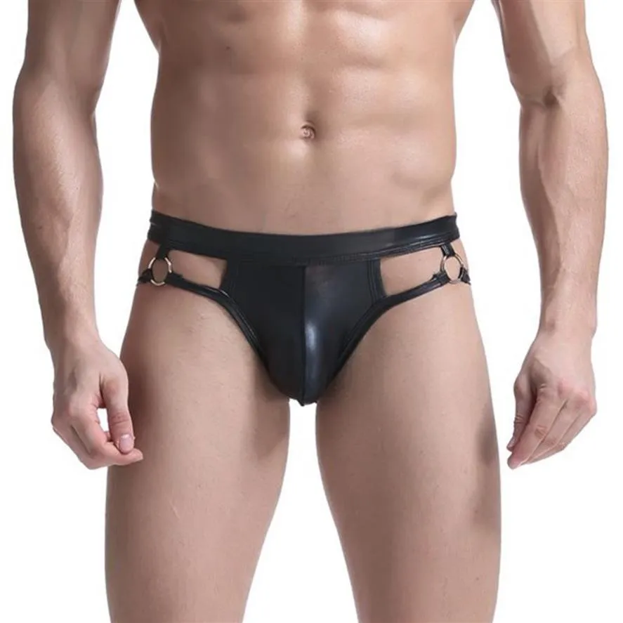 Herren-G-Strings, Sommer-Herrenunterwäsche, ansprechende Unterwäsche für Männer, PU-Lackleder-Slips, sexy, offener Schritt, freiliegendes PP-Hohlmetall, 325 W