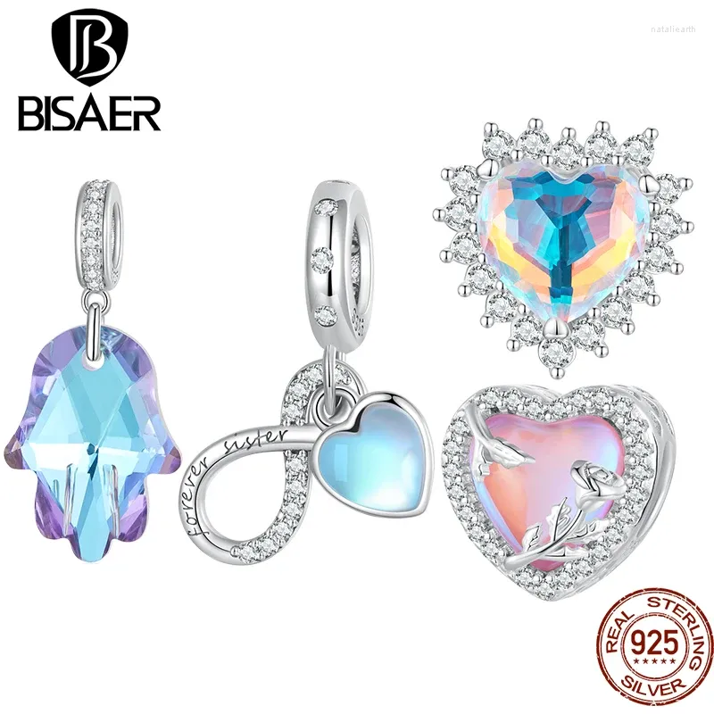 Pierres précieuses en vrac BISAER 925 argent Sterling coloré coeur breloques perle éternelle sororité Fatima main pendentif Fit femmes Bracelet fin