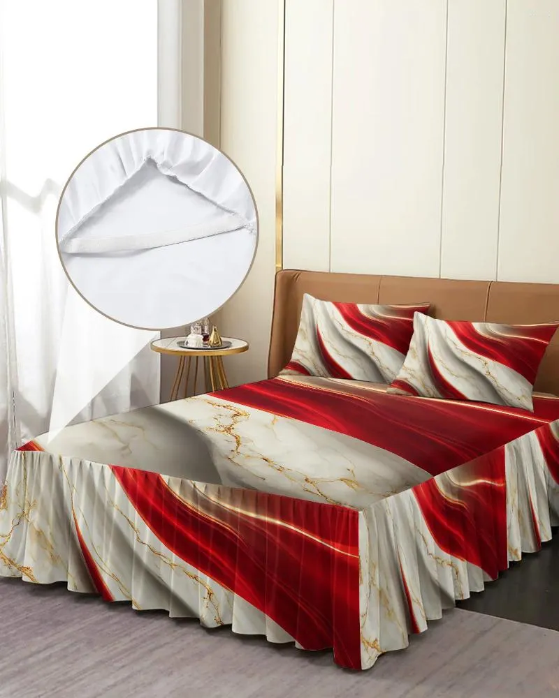 Jupe de lit Texture marbre rouge, couvre-lit élastique avec taies d'oreiller, housse de protection de matelas, ensemble de literie, drap