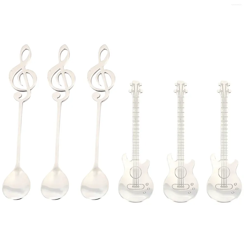 Coffee Filters Spoons 6 Pack Creative Cute Teaspoons Stainless Steel Staff Musical Notation Shaped (3 Music Note 3 Guitar)