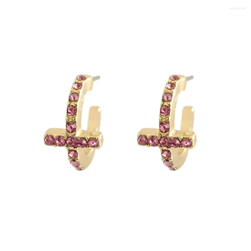 Hoop Earrings Lovely Gold Color Plating Cross Curved With Clear Black Pink Stone For Women Girl Elegant Cute Pretty Jewelry