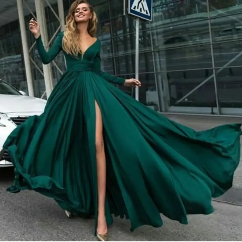 Enkel Green Lycra Split Prom Dress med långa ärmar Elegant V Neck Open Slit Prom Dresses for Women Formal Gown