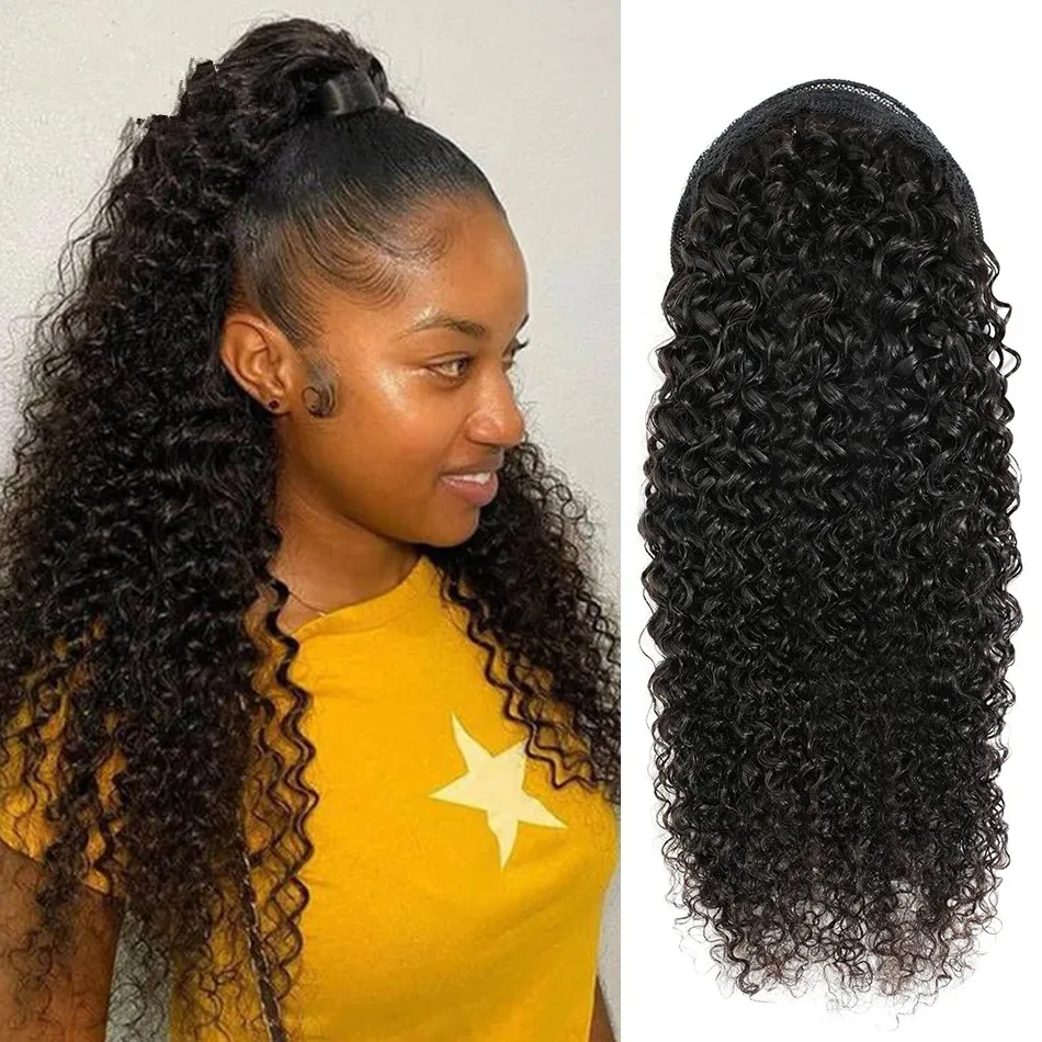 Mogolian Afro Kinky Curly Drawstring Ponytail Human Hair Extensions 4B 4C Remy 10-30 Inch Long Kinky Straight Clip In Ponytail 120g