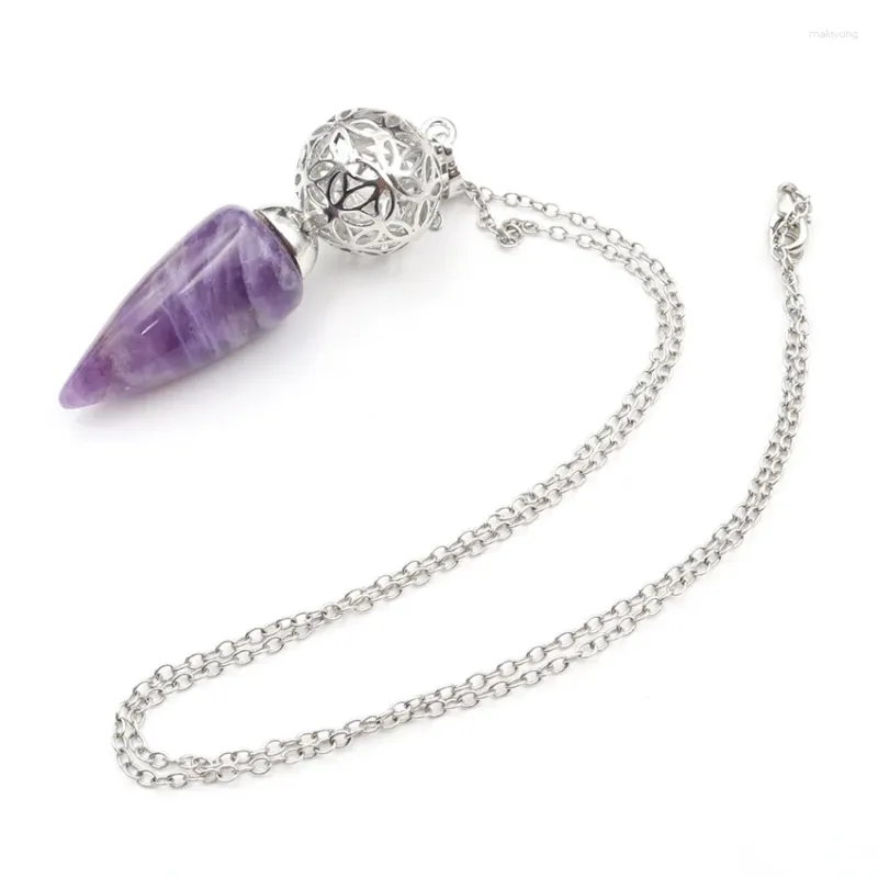 Anhänger Halsketten FYJS Einzigartige versilberte Kugel Hohle Amethysten Stein Kegelförmige Halskette Für Jubiläumsgeschenk Schmuck