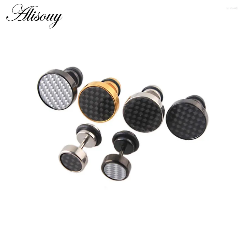 Stud Oorbellen Alisouy 2 stuks 8mm Heren Zwart Goud Kleur Rvs Tunnel Plug Met Koolstofvezel Jewerly Aretes de Mujer