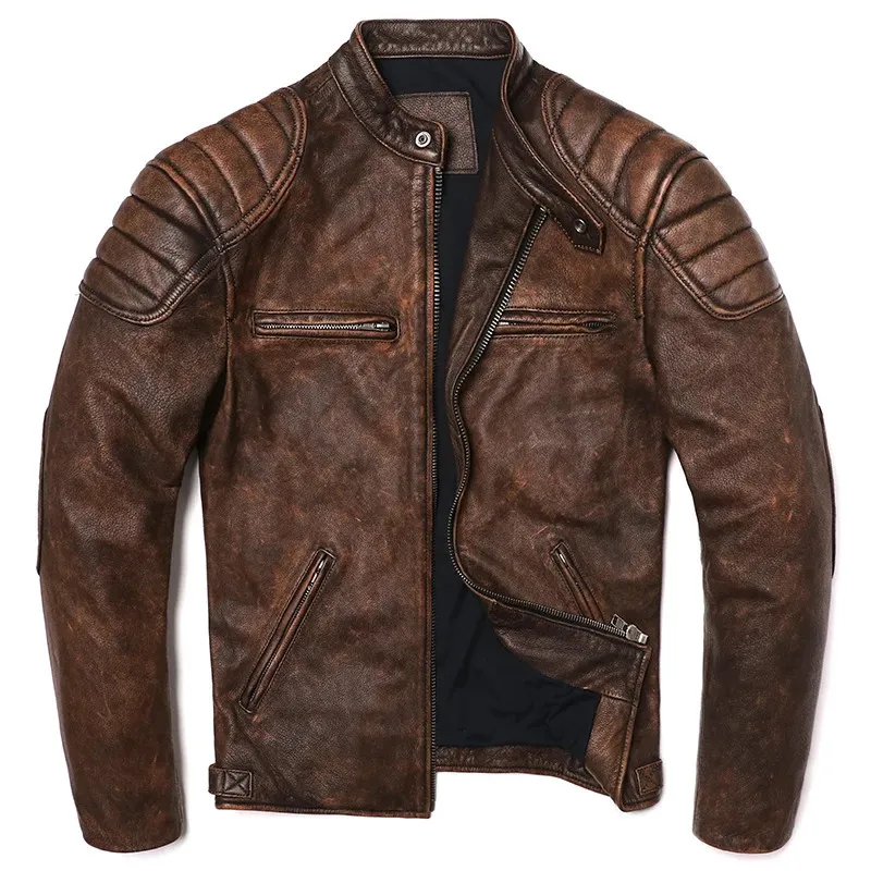 Cuir pour hommes Faux cuir Vintage Camel jaune veste en cuir véritable véritable peau de vache naturelle hommes moto Biker manteau hommes mince peau de veau manteau 231027