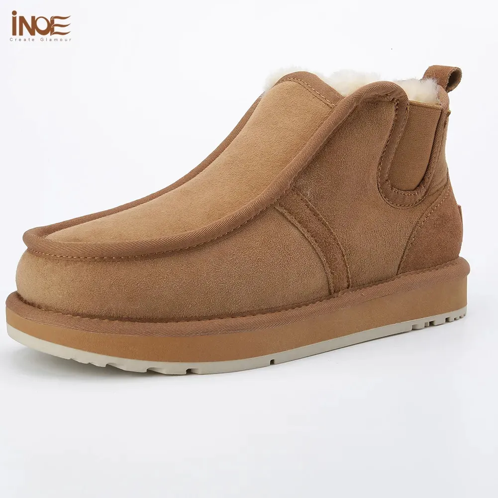 Boots INOE Real Sheepskin Suede Leather Men Sheep Wool Fur Lined Winter Short Ankle Snow Boots With Zipper Keep Warm Shoes Waterproof 231026