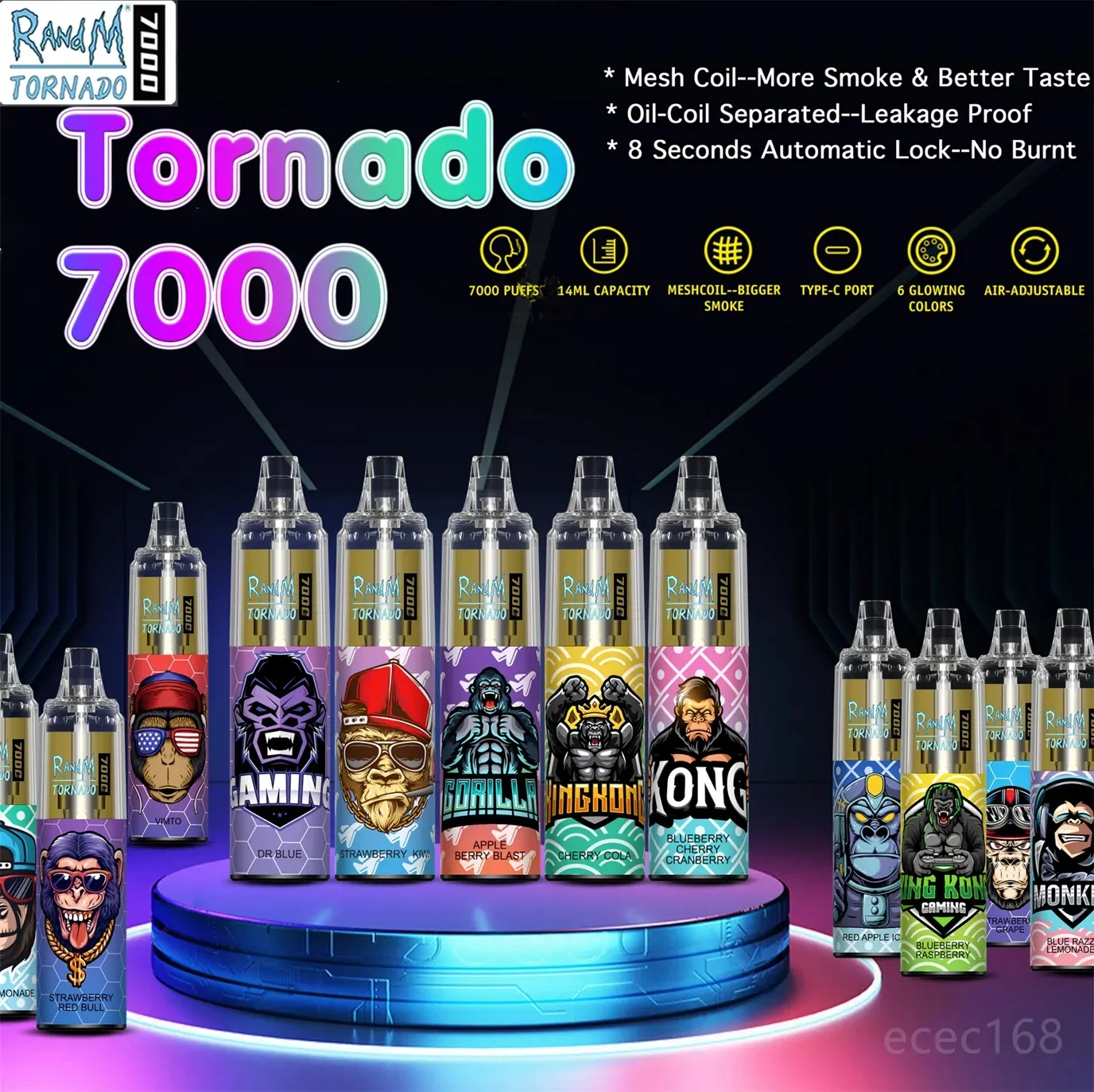 Original RandM Tornado 7000 Puffs Einweg-Vape-Stift, elektronische Zigaretten, Pod, Netzspule, 6 leuchtende Farben, wiederaufladbar, luftverstellbar, 0 % 2 % 3 % 5 % Geräteverdampfer 7K
