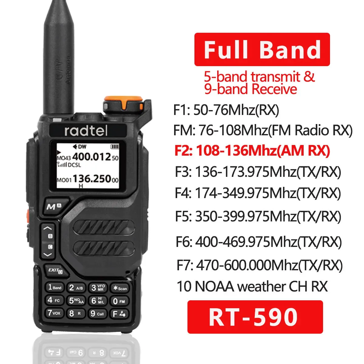 Walkie Talkie Radtel RT590 Air Band Amador Ham Estação de rádio bidirecional UHF VHF 200CH Full HT com canal NOAA AM Satcom 231030