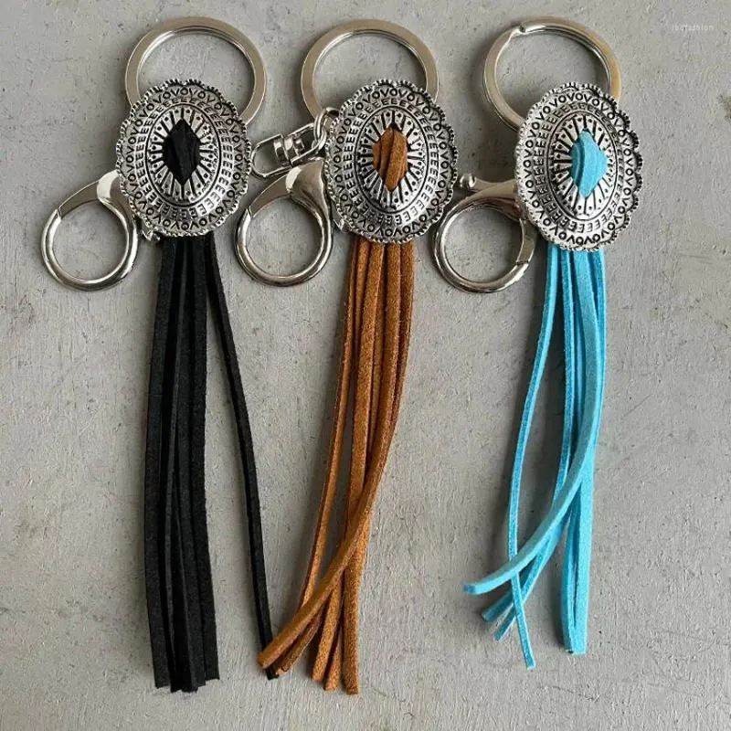 Porte-clés Western Metal Concho Bouton Faux Daim Cuir Pompon Porte-clés Bleu Noir Marron Cushaw Fleur Bijoux En Gros