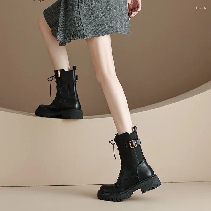 Boots Genuine Leather Women Shoes Square Toe Heel Platform Autumn Winter Knight Boot Handmade Retro High Quality Luxury