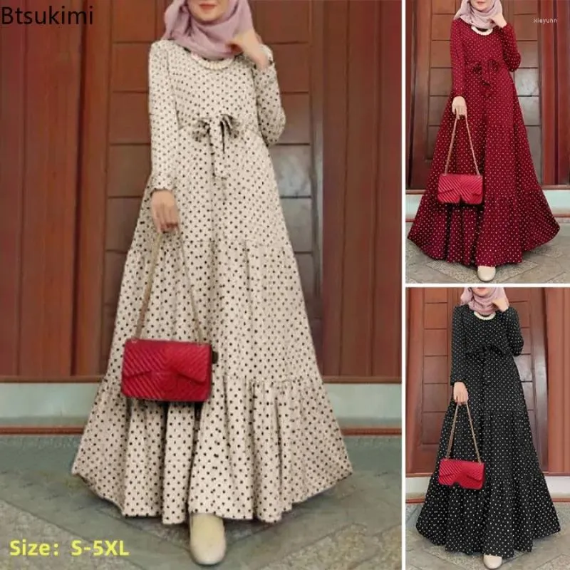 Ethnic Clothing 2023 Women Polka Dot Long Sleeve Dress Stylish Belts Party Robe Loose Maxi Woman Muslim Kaftan Morocco Abaya Hijab S-5XL