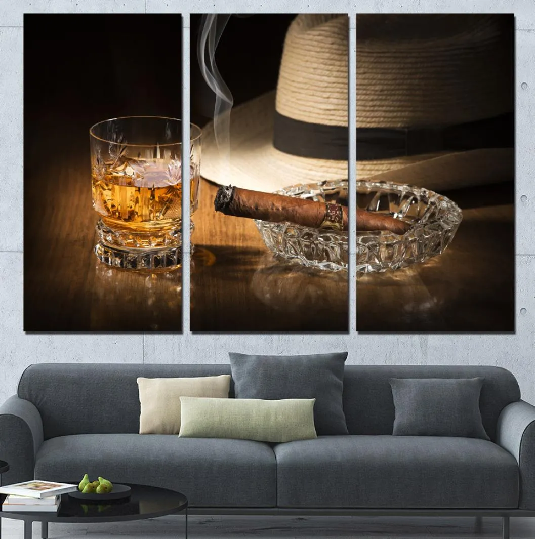 3 painéis de arte em tela vinho ciger chapéu de cowboy decoração de casa arte de parede pintura impressões em tela imagens para sala de estar poster8888474