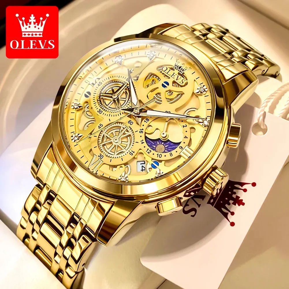 Наручные часы OLEVS Мужские часы Лучший бренд класса люкс Оригинальные водонепроницаемые кварцевые часы для мужчин Золотой скелетон Стиль 24 часа день ночь 231027