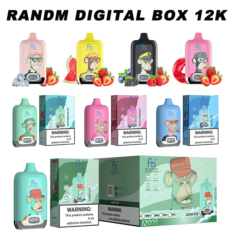 100% d'origine RandM Fumot Digital Box 12000 Puffs Vape jetable 12K 850mAh Type-C Charge 20 ml avec batterie et affichage Ejuice 16 saveurs 0% 2% 5% E Cigarettes