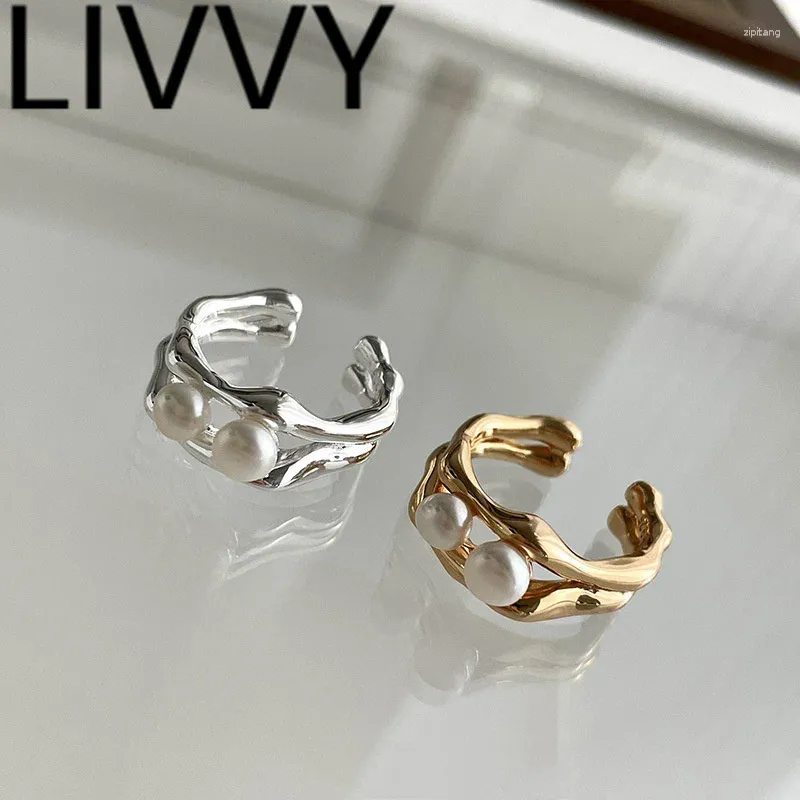 Cluster Rings Livvy Silver Color Pearl For Women mode Simple Double-Deck Geometric Party Utsökt smycken prydnad