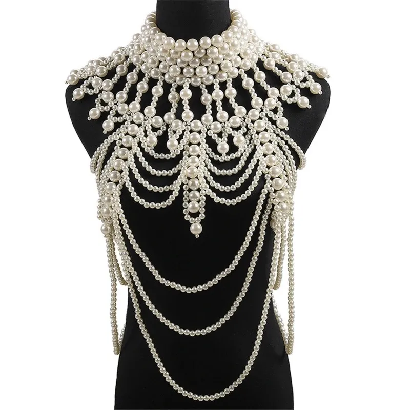 Shawls Women Imitation Pearl Beaded Body Chain Shawl Handmade Jewelry Bib Necklace Collar Vintage Luxurious Layered Costume 231027