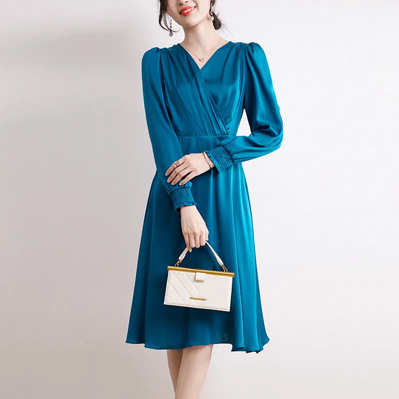 slim fit dress slacks A-Line Flowy Long Sleeve Tie V Neck Pleated Midi Dress, Black / Xs