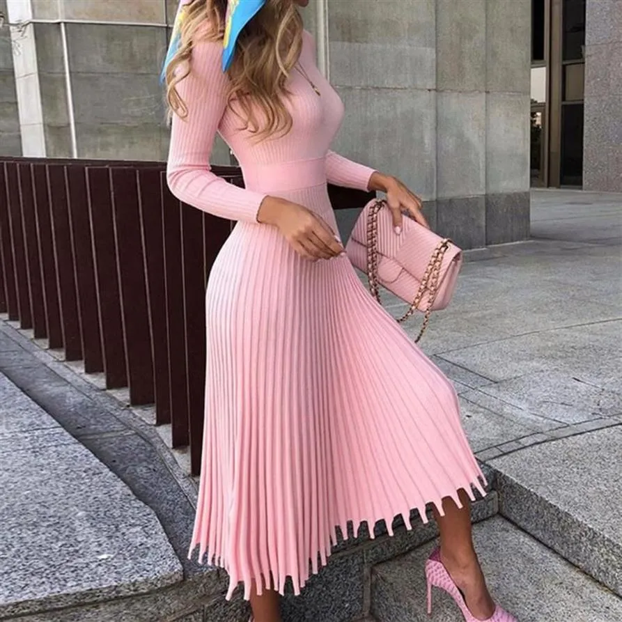 Vestidos casuais mulheres camisola de malha vestido plissado flare 2022 outono inverno rosa manga longa malha designer suéteres tricô midi 321s