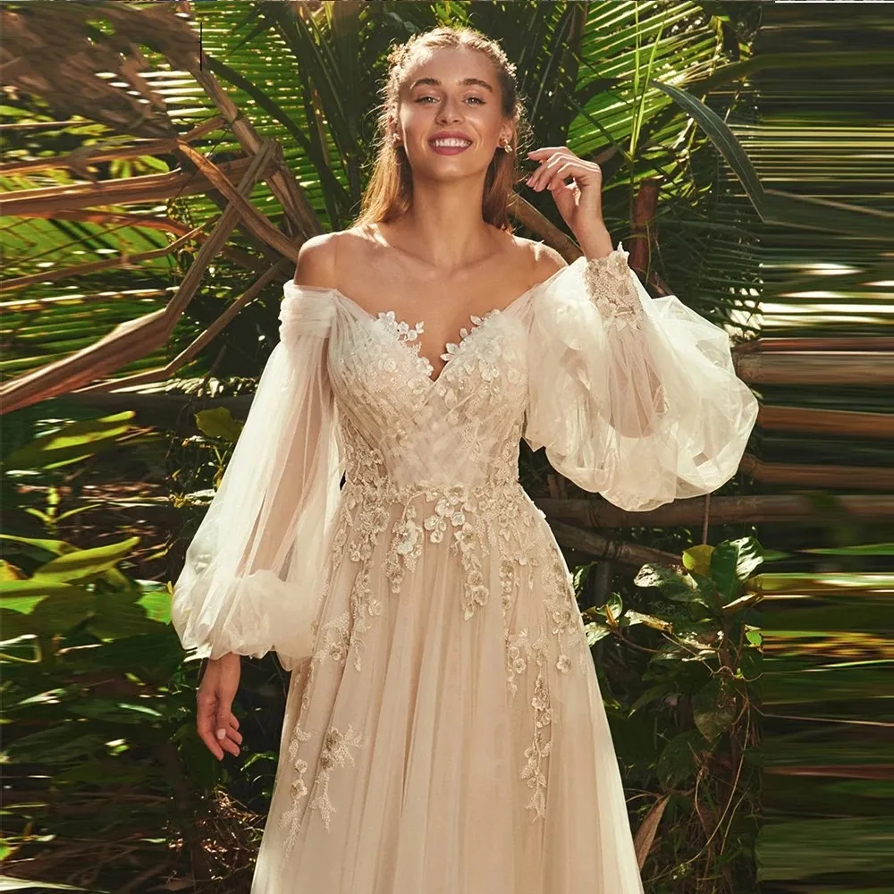 fitted lace wedding dress Chiffon Long Sleeve V-Neck Wedding Dresses A Line ZW924 - main image 0