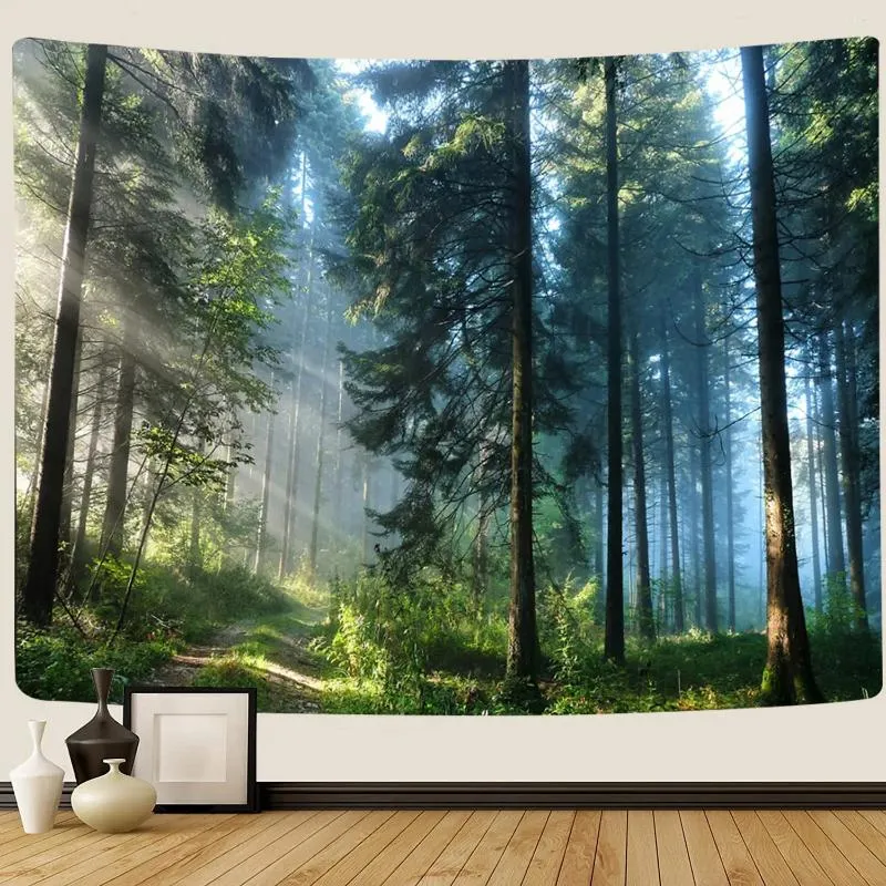 Arazzi Arazzo della foresta mattutina Decorazioni per la casa Paesaggio Soggiorno Camera da letto Dormitorio Decorazione Natura Verde bosco fresco