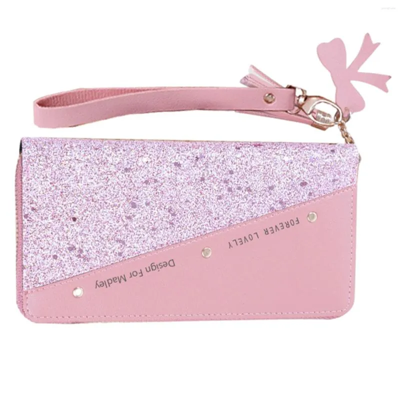 Portefeuilles Long Cuir Artificiel Dames À La Mode Portable Élégant Femmes Portefeuille Glitter Avec Gland Coin Carte Fermeture À Glissière Poche Compacte