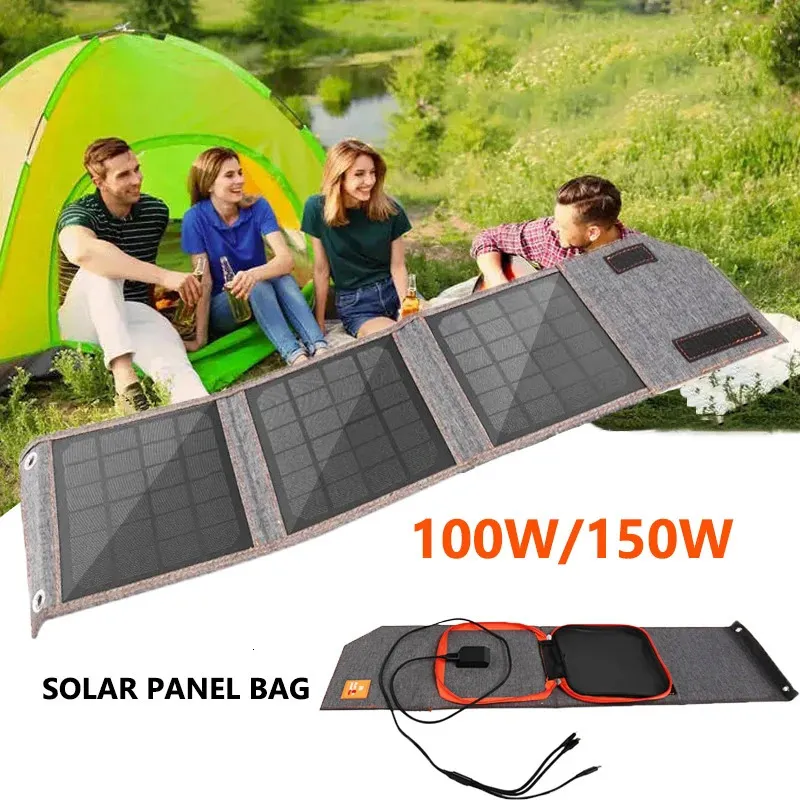 Laddare 100W 150W Folding Solar Panel USB 5V Laddare Portable Cell Outdoor Phone Power Bank för camping Vandring med kabel 231030