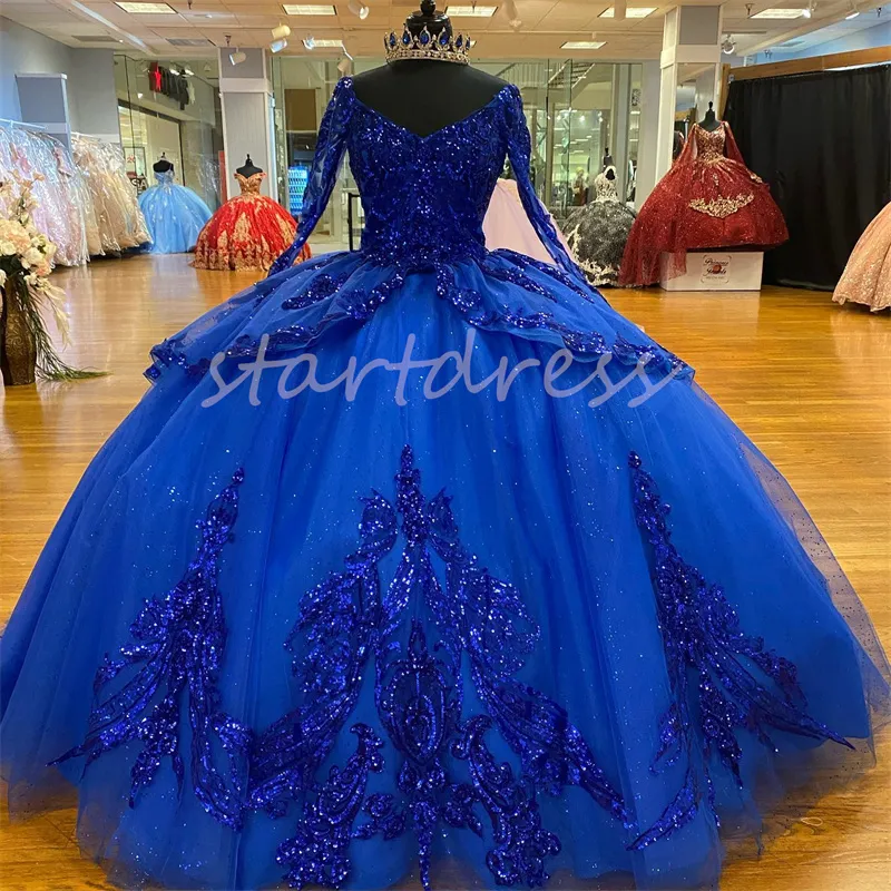 Abiti Quinceanera con paillettes blu royal di lusso Abito da ballo sexy con scollo a V Manica lunga Abito da ballo per debuttante Elegante Bballkleider Savistidos Abiti De Xv Vestido De 15 Anos