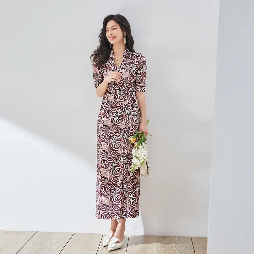 DA41N361 Customized Dresses Summer Women`s Dress French Style High Temperament Elastic Knitted Print Skirt Long Customized Size