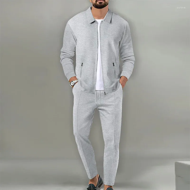 Men's Tracksuits Lapel Slim Fitting Male Coat Waffle Zipper Pocket Long Sleeved Sportswear Man Cardigan Jacket Set Pants Elegant Clothing