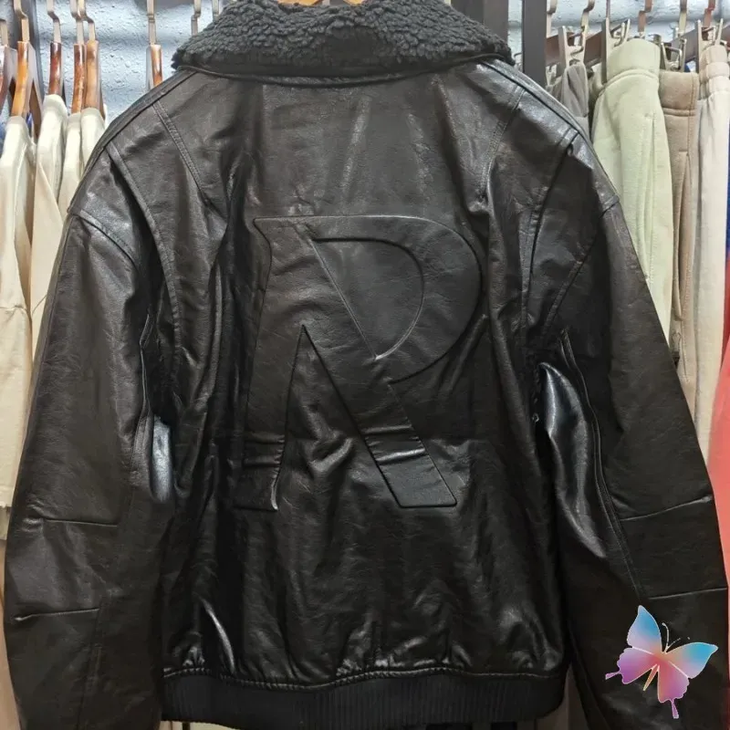 24SS Winter Black Jacket High Street Motorcycle Stly Litting Fur Fur Cllar Skórzana kurtka zamek błyskawiczny