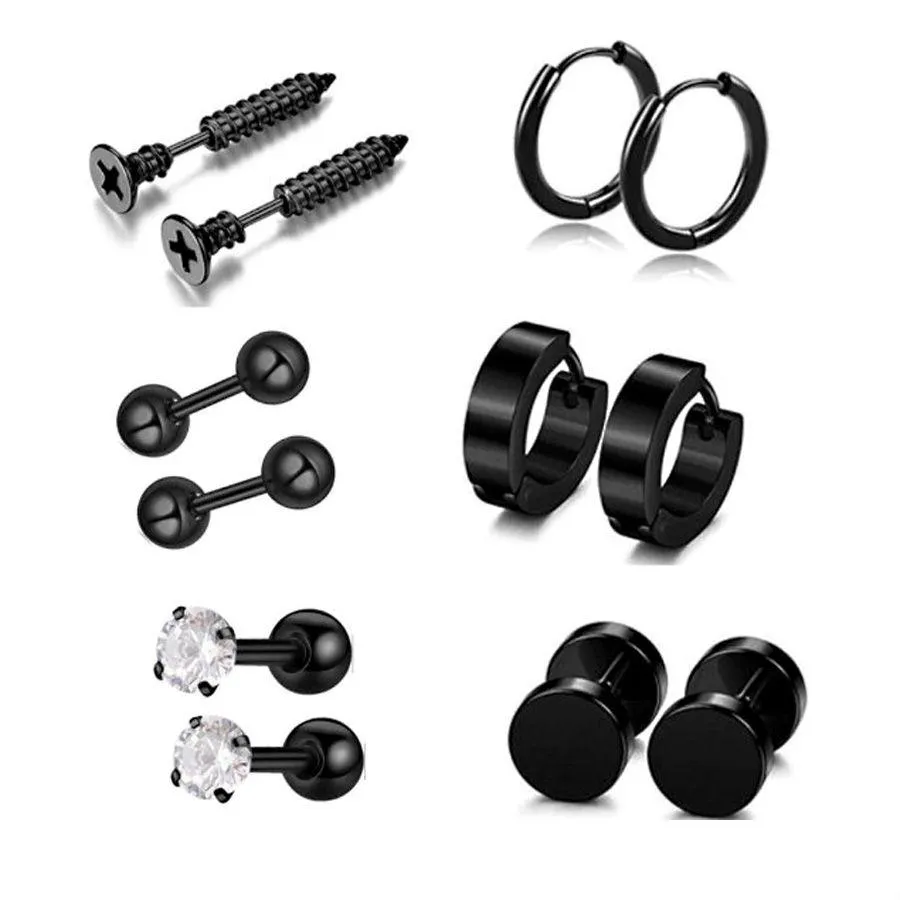 Stud 6 paires de boucles d'oreilles gothiques punk en acier inoxydable noir rond haltère croix cerceau diamant hommes rue pop hip hop oreille bijoux goutte Deli Dh2Eb